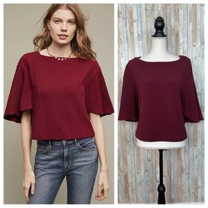 Anthropologie L Eri Ali Red Knit Cropped Viv Top Flutter Batwing Sleeve Burgundy